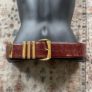 Gianni Versace 90’s Croc-Embossed Brown Belt with Gold Accents